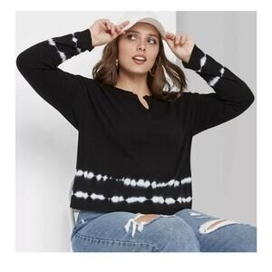 Women Long Sleeve V-Neck Notch T-Shirt Wild Fable Black Tie-Dye Medium